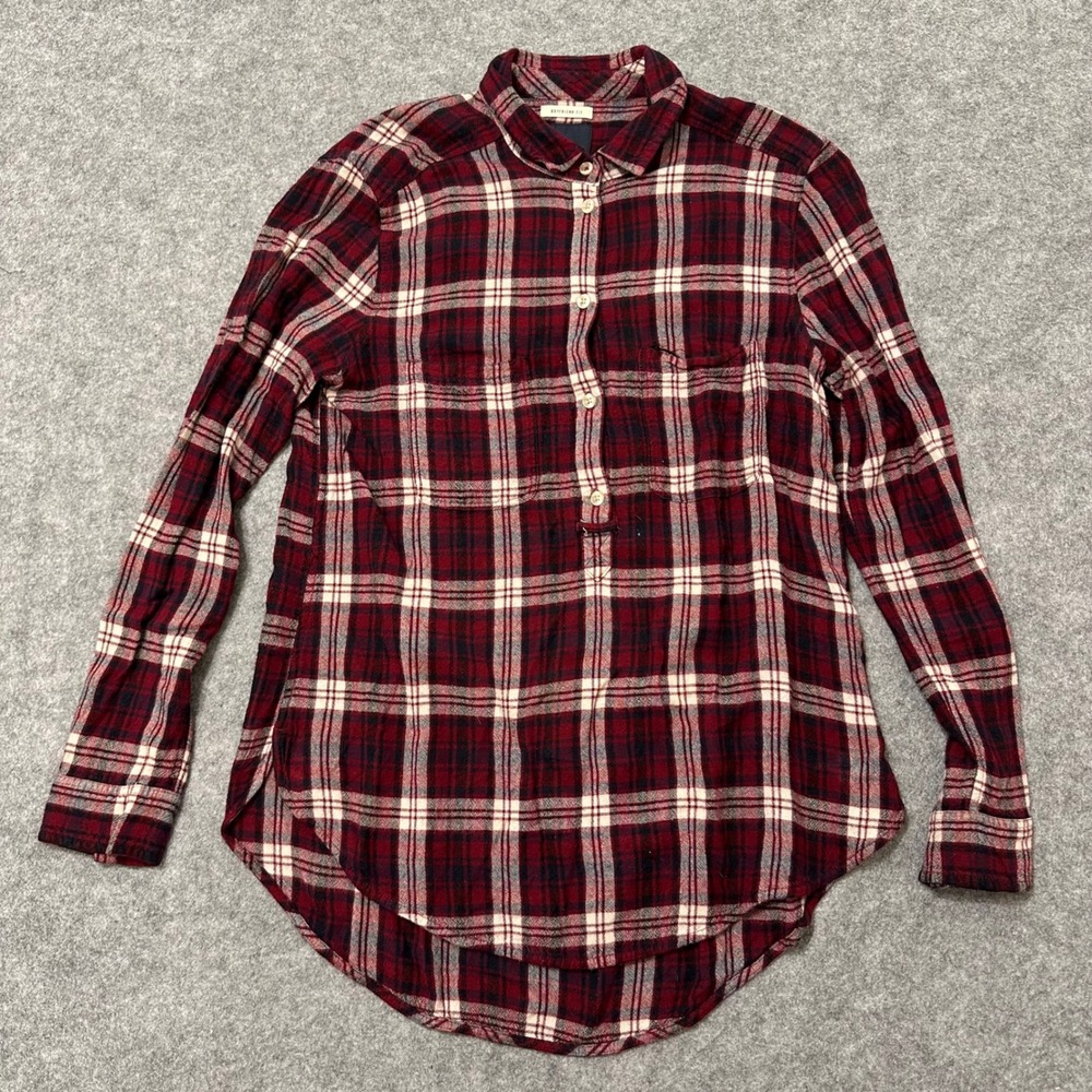 American Eagle Button Down Women Large Red Plaid Boyfriend Fit Viscose Flannel